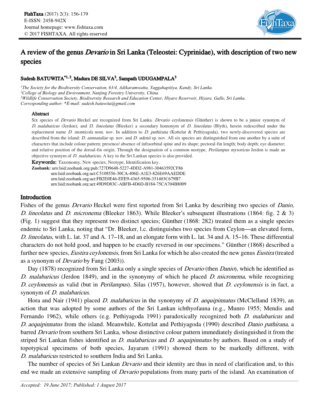 A Review of the Genus Devario in Sri Lanka (Teleostei: Cyprinidae), with Description of Two New Species