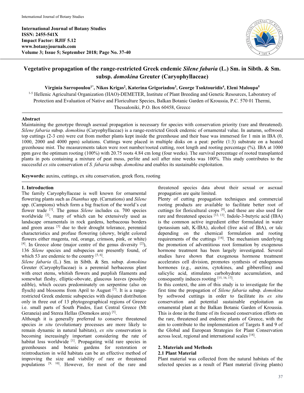 Vegetative Propagation of the Range-Restricted Greek Endemic Silene Fabaria (L.) Sm