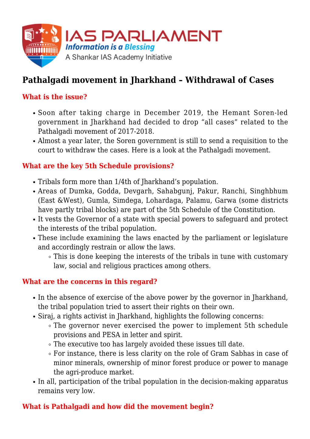 Pathalgadi Movement in Jharkhand – Withdrawal of Cases