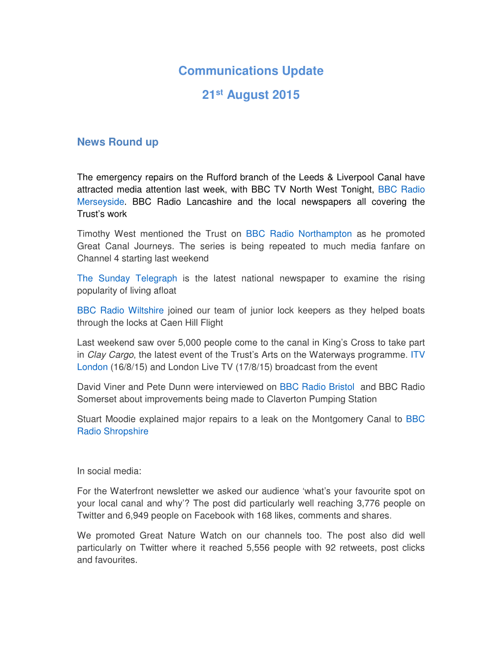 Communications Update 21St August 2015