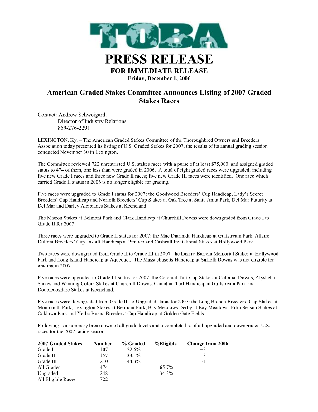 PRESS RELEASE for IMMEDIATE RELEASE Friday, December 1, 2006
