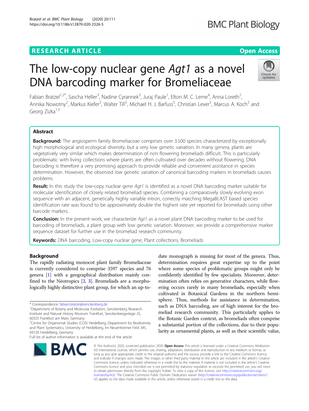 The Low-Copy Nuclear Gene Agt1 As a Novel DNA Barcoding Marker for Bromeliaceae Fabian Bratzel1,2*, Sascha Heller3, Nadine Cyrannek3, Juraj Paule1, Elton M