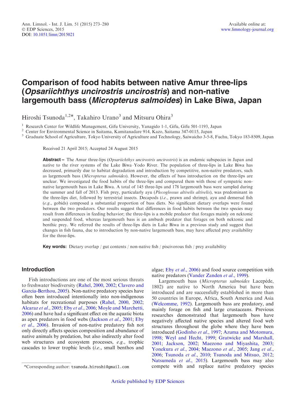 Comparison of Food Habits Between Native Amur Three-Lips