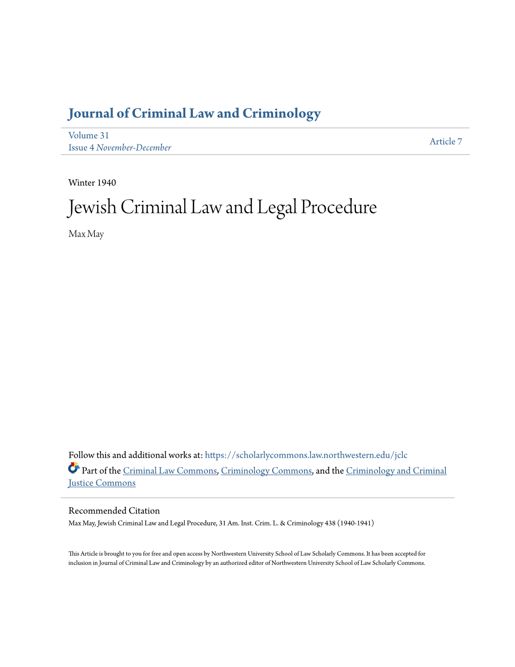 Jewish Criminal Law and Legal Procedure Max May