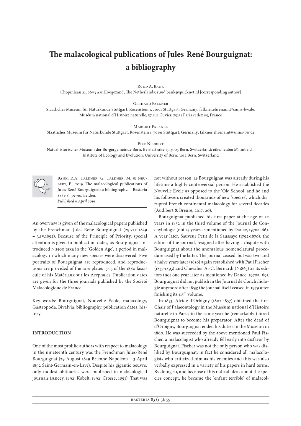 The Malacological Publications of Jules-René Bourguignat: a Bibliography