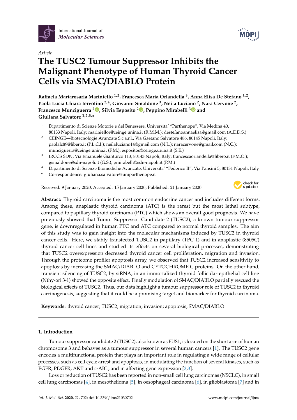 The TUSC2 Tumour Suppressor Inhibits the Malignant Phenotype of Human Thyroid Cancer Cells Via SMAC/DIABLO Protein
