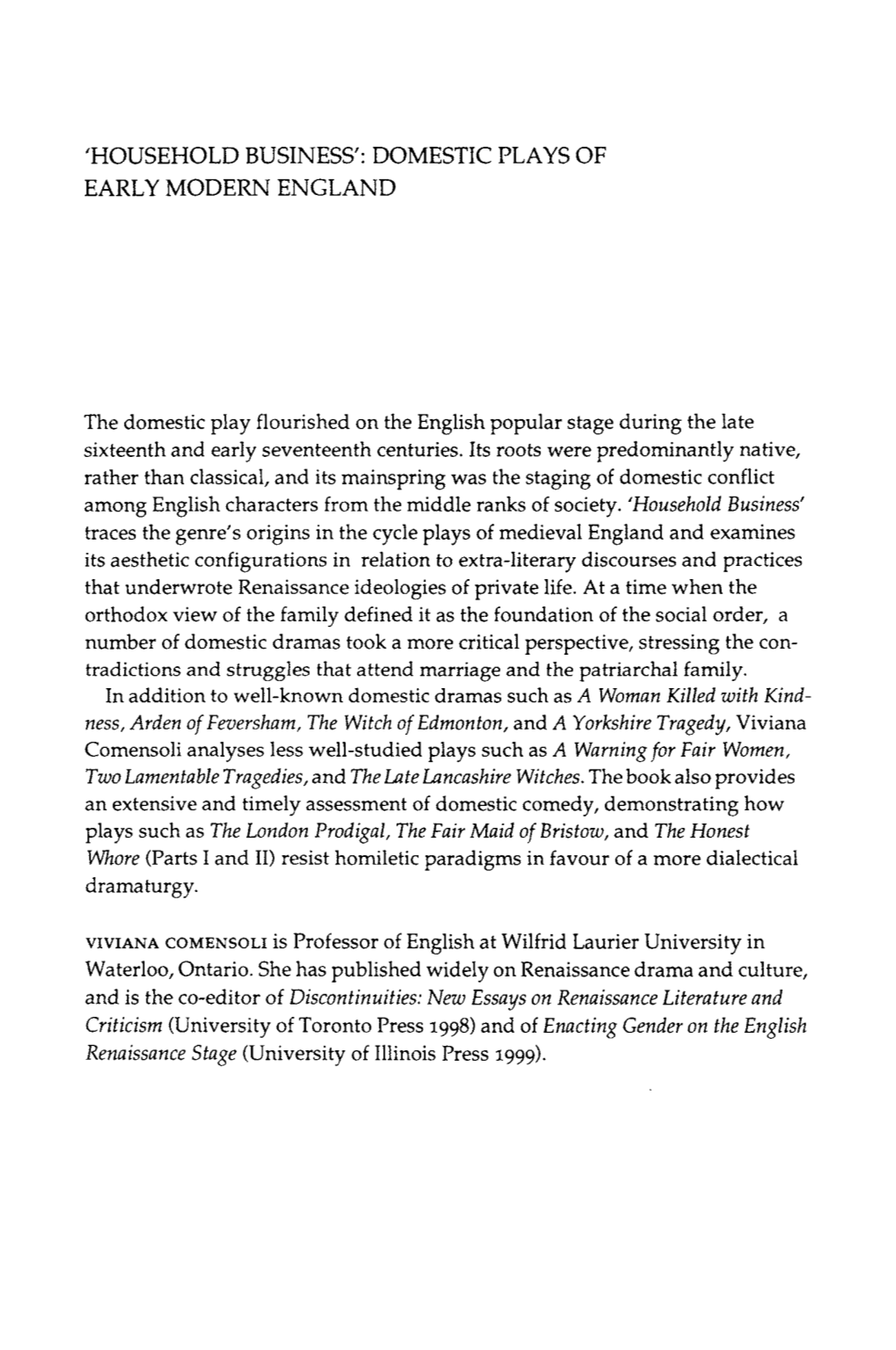 Domestic Plays of Early Modern England