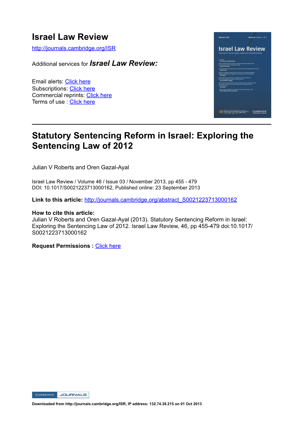 Israel Law Review Statutory Sentencing Reform in Israel