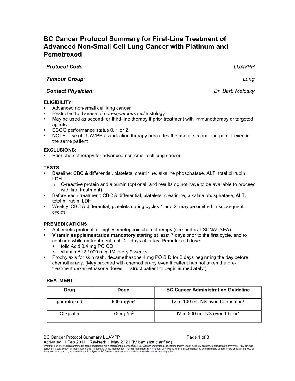 BC Cancer Protocol Summary for First-Line Treatment of Advanced Non-Small Cell Lung Cancer with Platinum and Pemetrexed