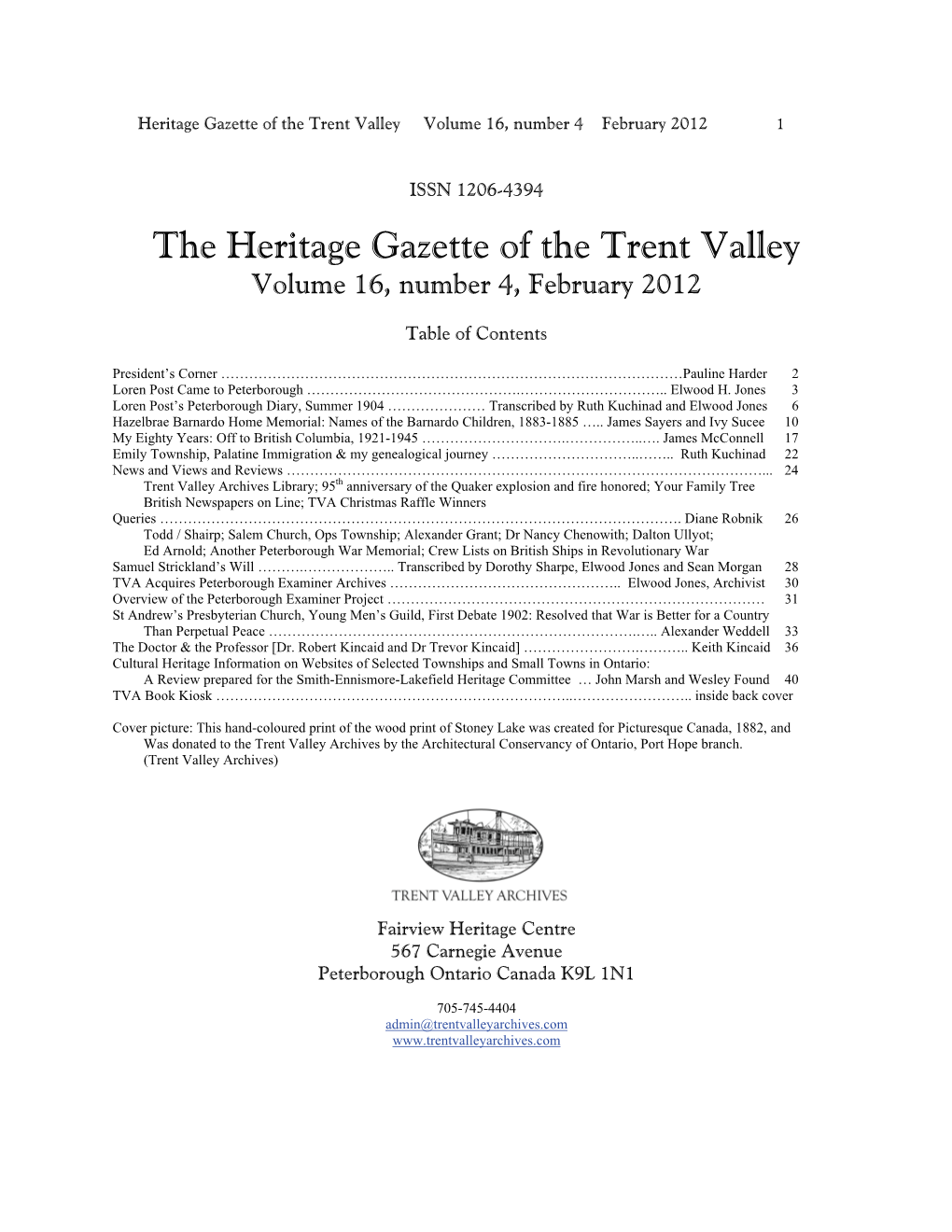 The Heritage Gazette of the Trent Valley Volume 16, Number 4, February 2012