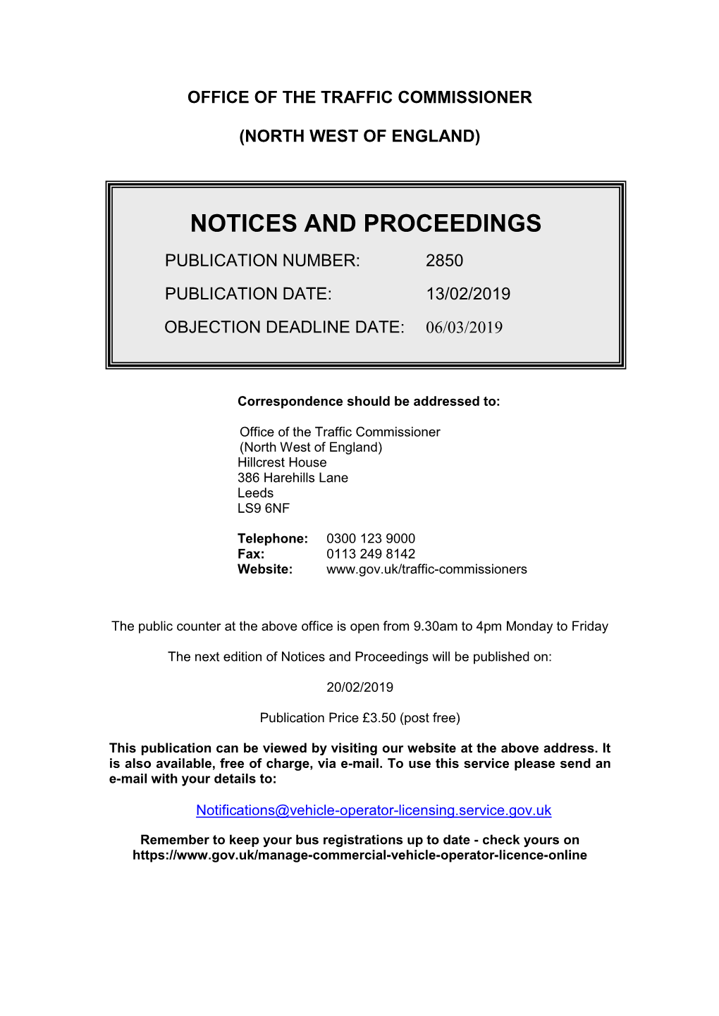 Notice and Proceedings for the North West of England