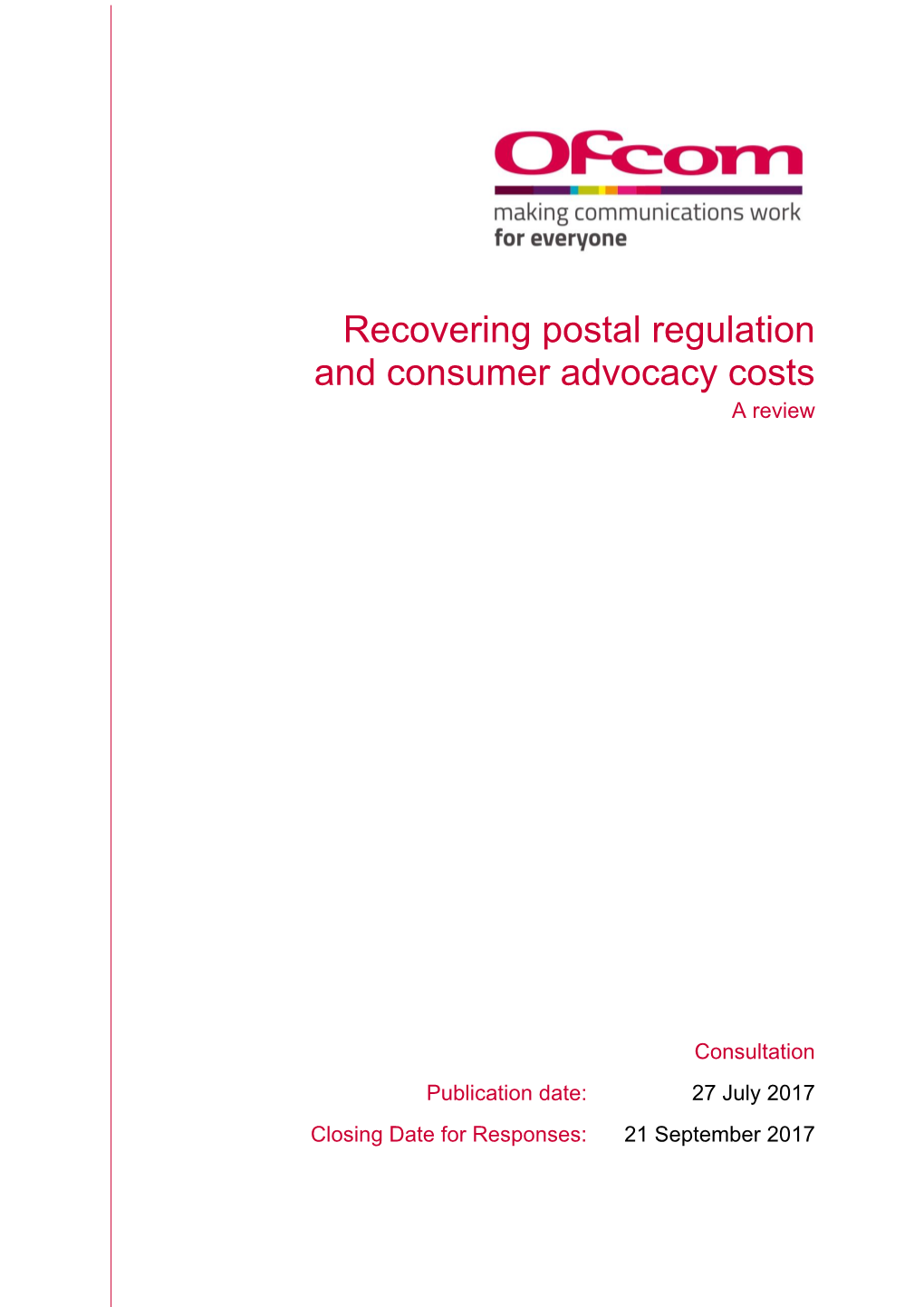 Consultation: Recovering Postal Regulation and Consumer Advocacy