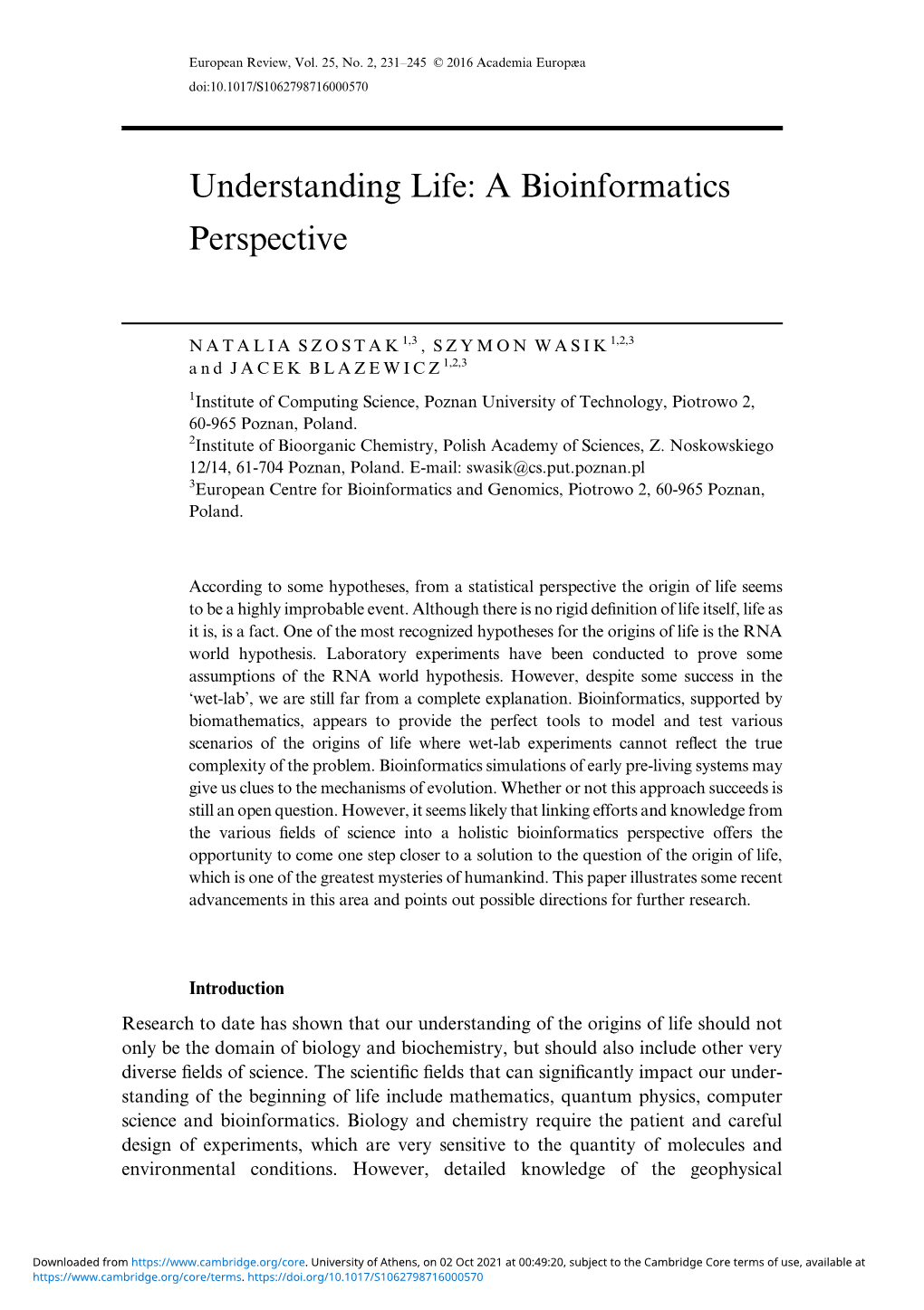 Understanding Life: a Bioinformatics Perspective