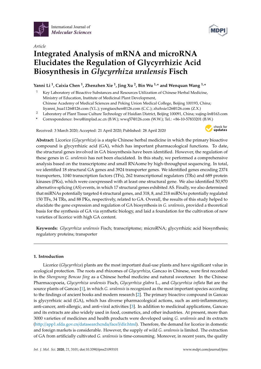 Integrated Analysis of Mrna and Microrna Elucidates the Regulation of Glycyrrhizic Acid Biosynthesis in Glycyrrhiza Uralensis Fisch