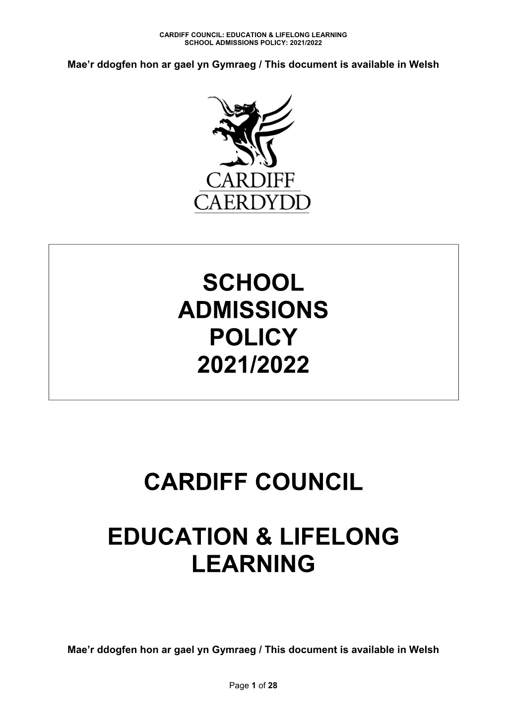 School Admissions Policy 2021/2022 Cardiff Council Education & Lifelong