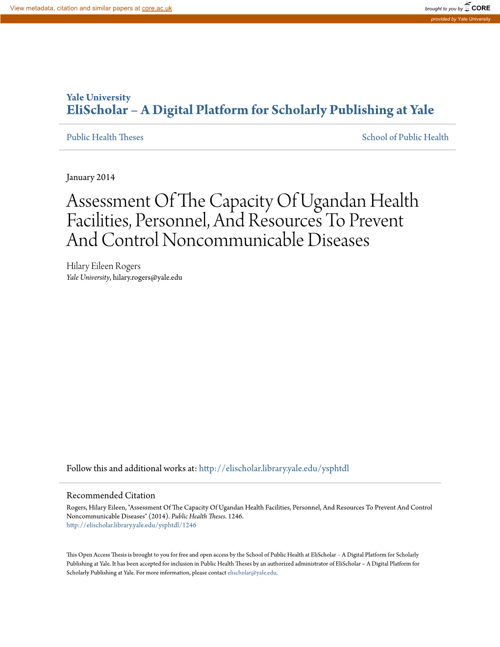 Assessment of the Capacity of Ugandan Health Facilities, Personnel, and Resources to Prevent and Control Noncommunicable Diseases