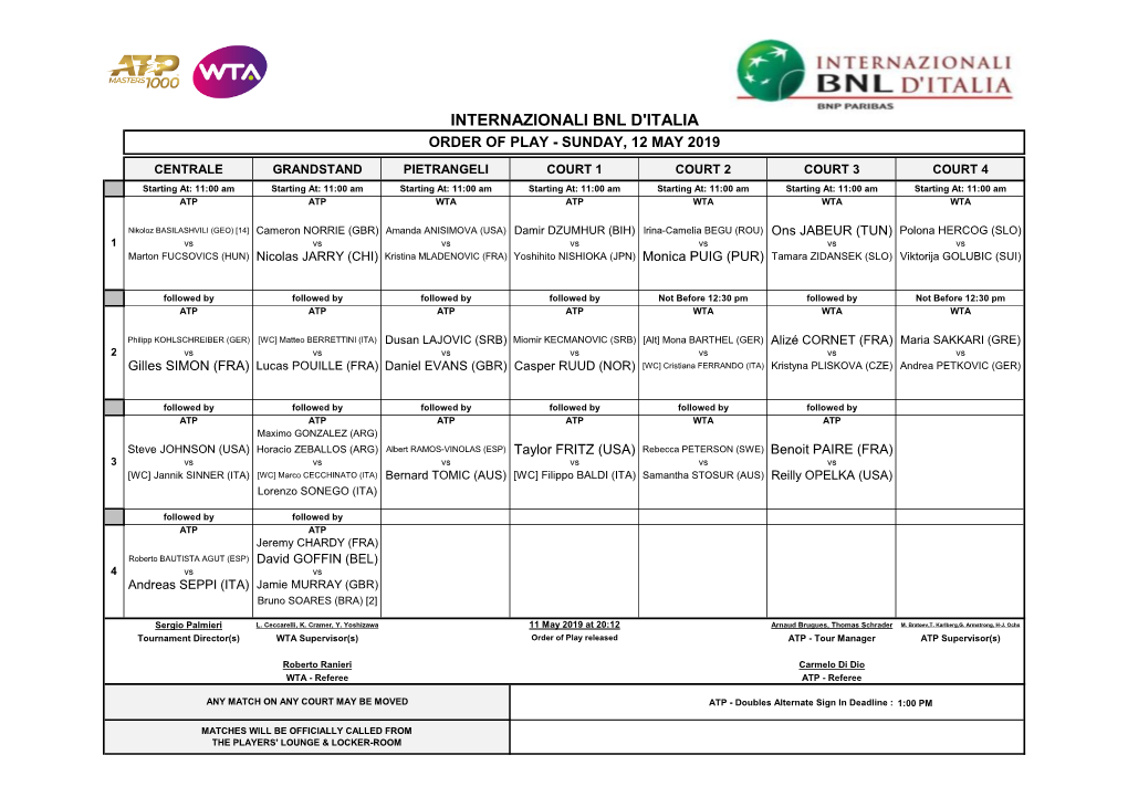 Internazionali Bnl D'italia Order of Play - Sunday, 12 May 2019