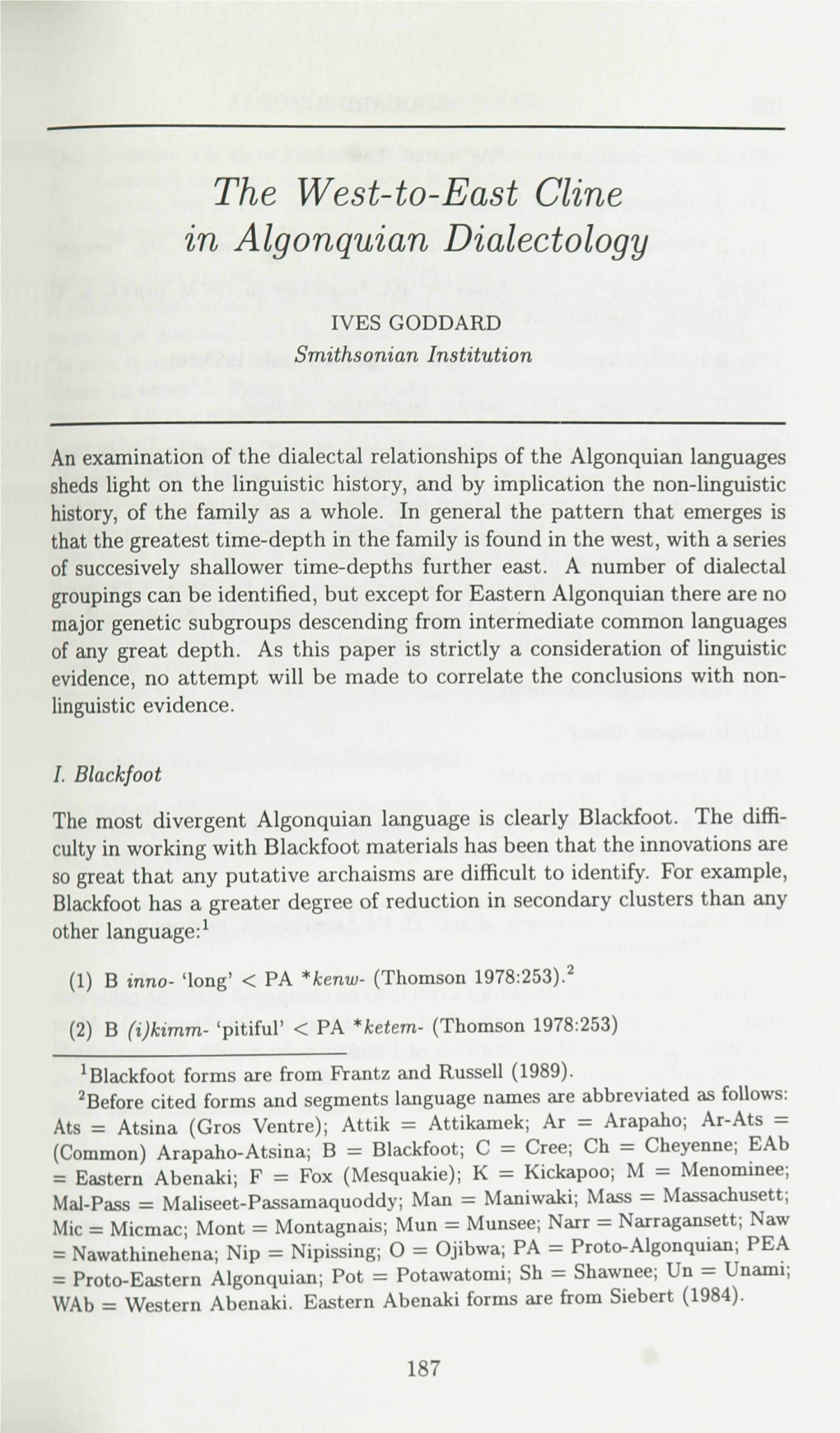 The West-To-East Cline in Algonquian Dialectology