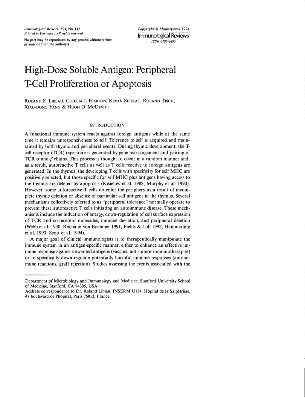 High-Dose Soluble Antigen: Peripheral T-Cell Proliferation Or Apoptosis