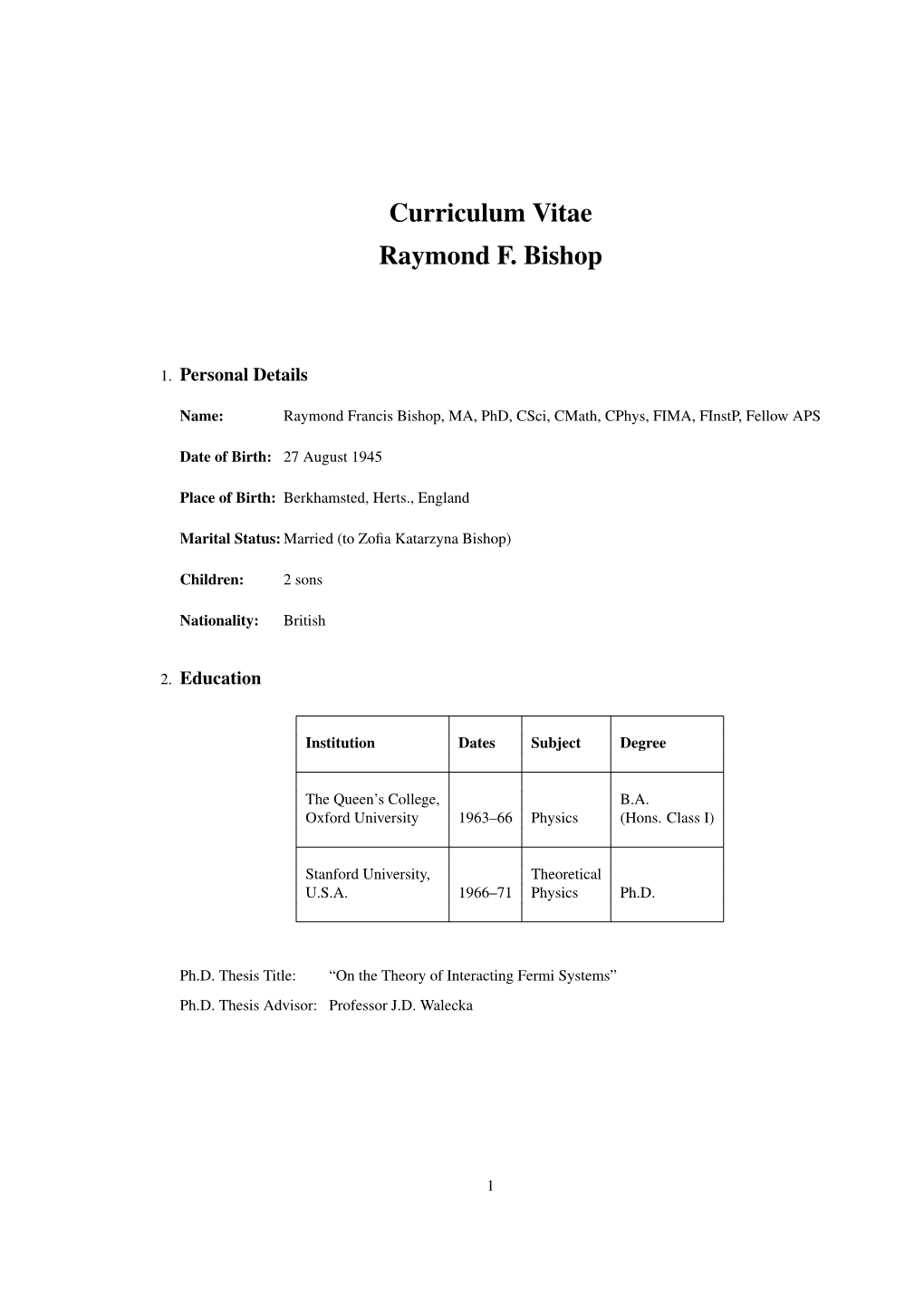 Curriculum Vitae Raymond F. Bishop