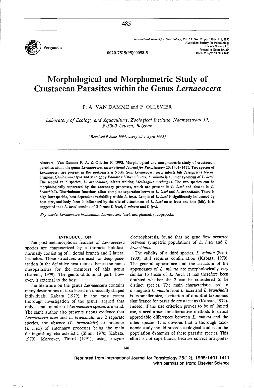 Morphological and Morphometrie Study of Crustacean Parasites Within the Genuslernaeocera