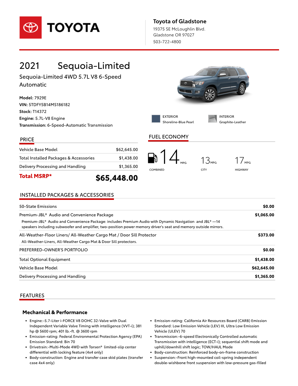 2021 Sequoia-Limited Sequoia-Limited 4WD 5.7L V8 6-Speed Automatic