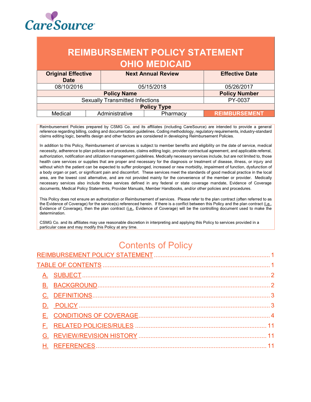 PY-0037 Sexually Transmitted Infections Reimbursement Policy