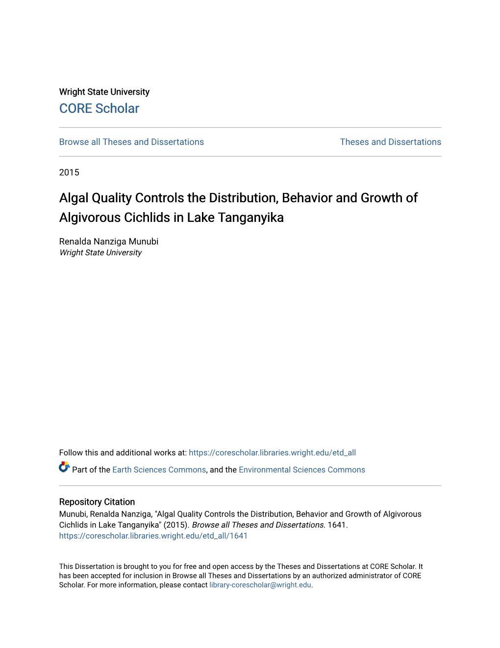 Algal Quality Controls the Distribution, Behavior and Growth of Algivorous Cichlids in Lake Tanganyika