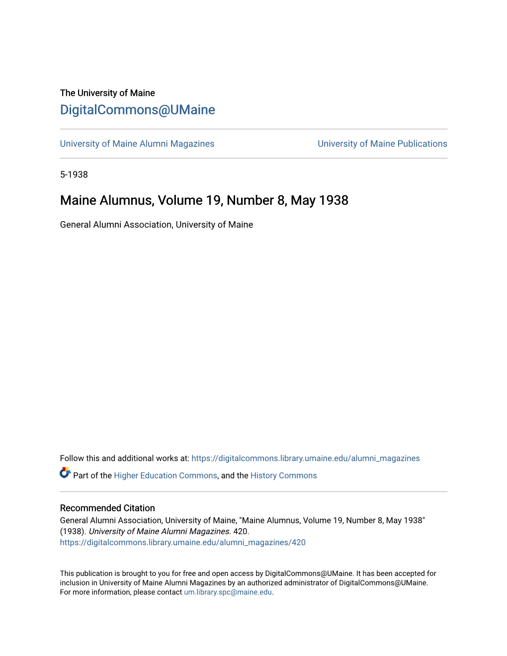 Maine Alumnus, Volume 19, Number 8, May 1938