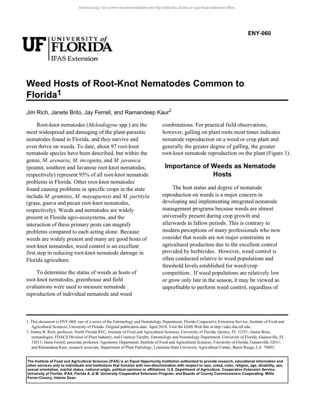 Weed Hosts of Root-Knot Nematodes Common to Florida1