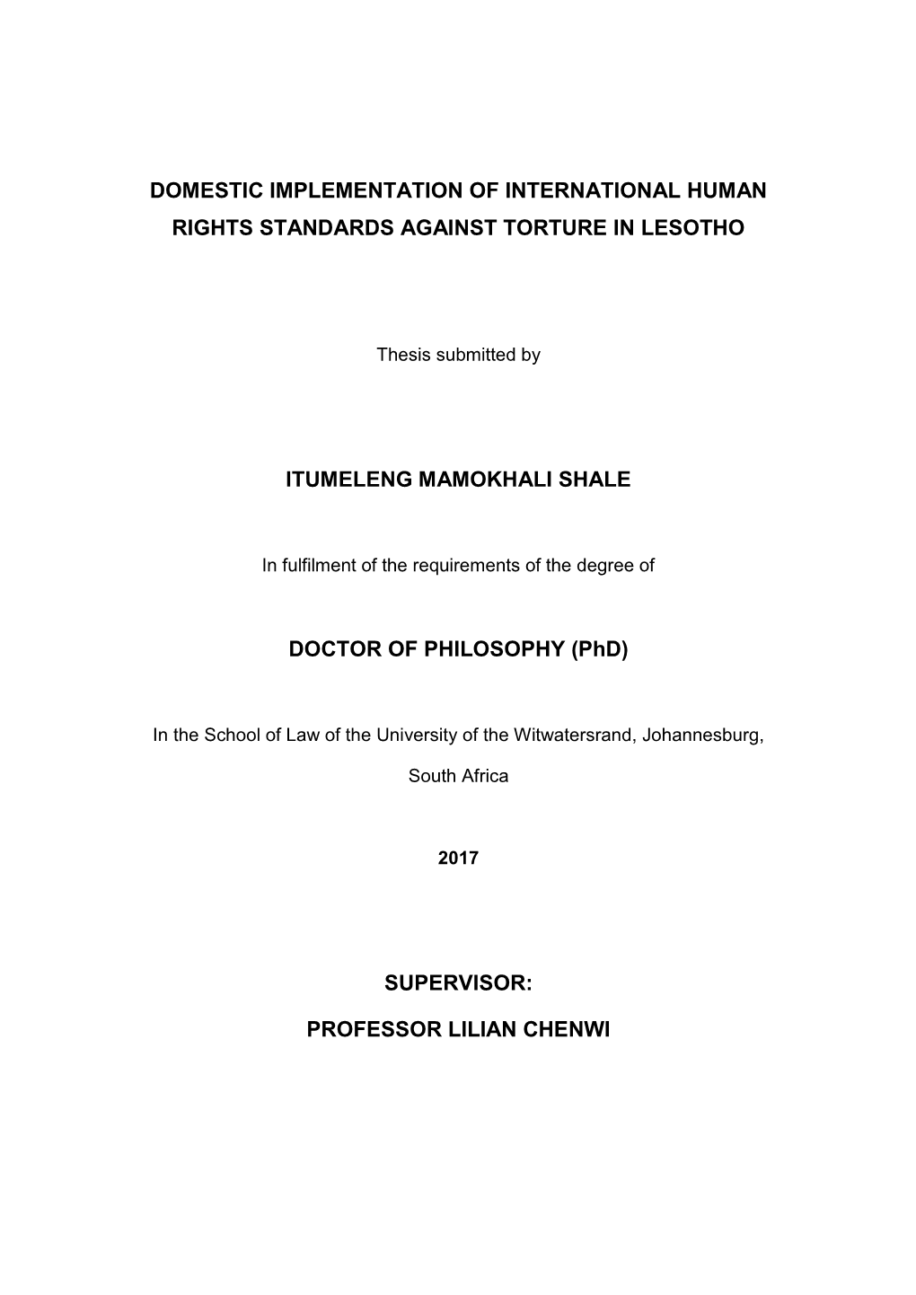 Domestic Implementation of International Human Rights Standards Against Torture in Lesotho