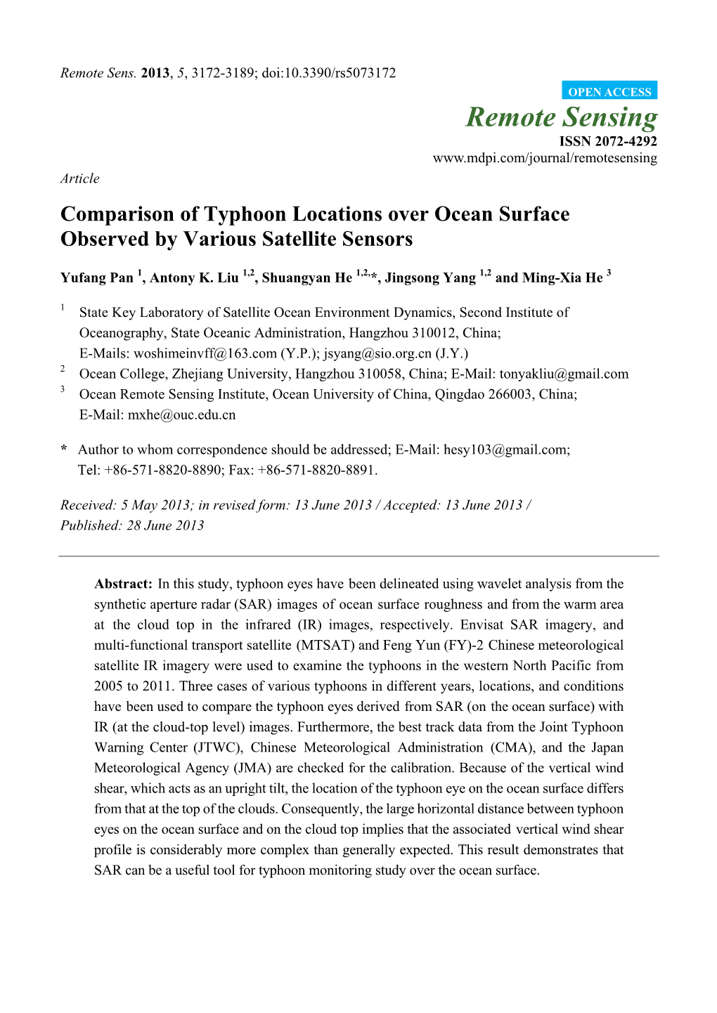 Comparison of Typhoon Locations Over Ocean Surface Observed by Various Satellite Sensors