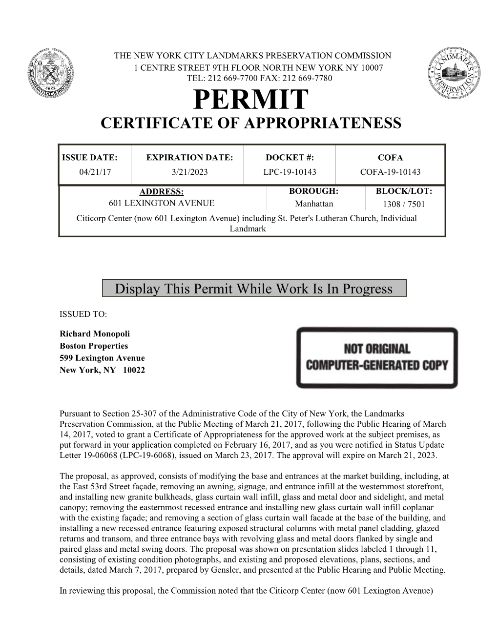 Permit Certificate of Appropriateness