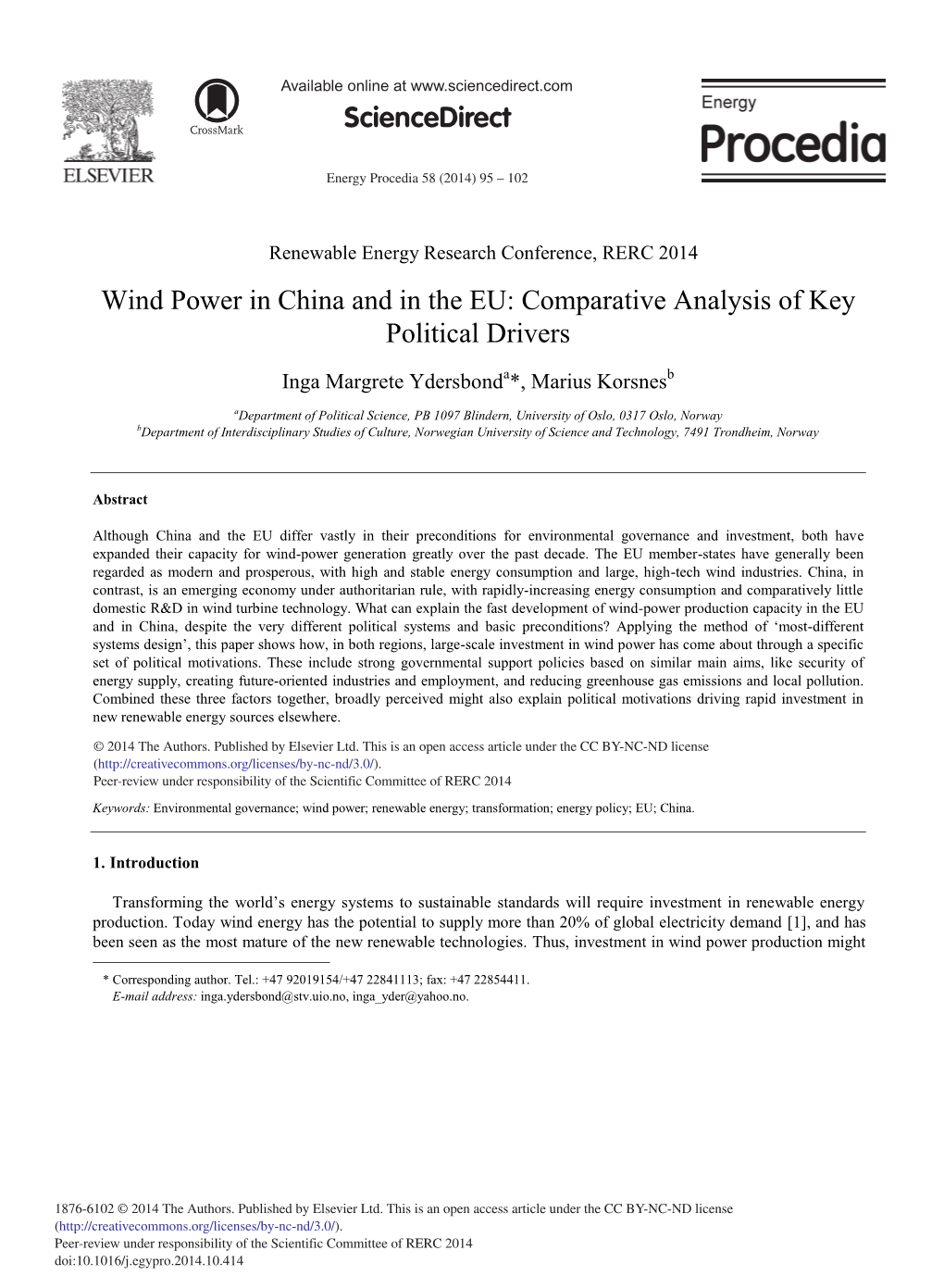 Wind Power in China and in the EU: Comparative Analysis of Key Political Drivers