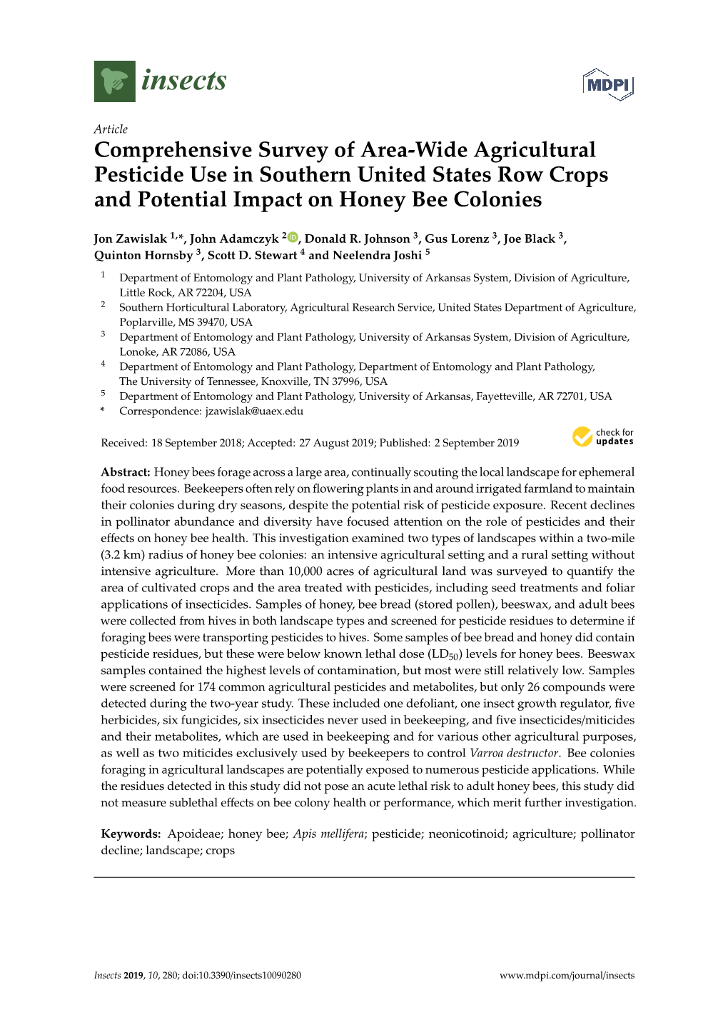 Comprehensive Survey of Area-Wide Agricultural Pesticide Use in Southern United States Row Crops and Potential Impact on Honey Bee Colonies