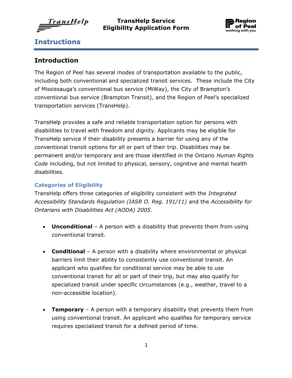 Transhelp Service Eligibility Application Form