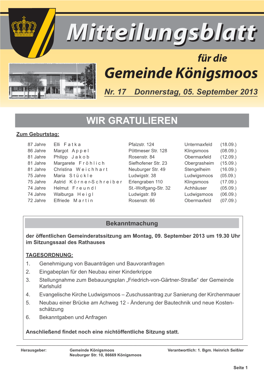 Mitteilungsblatt Für Die Gemeinde Königsmoos