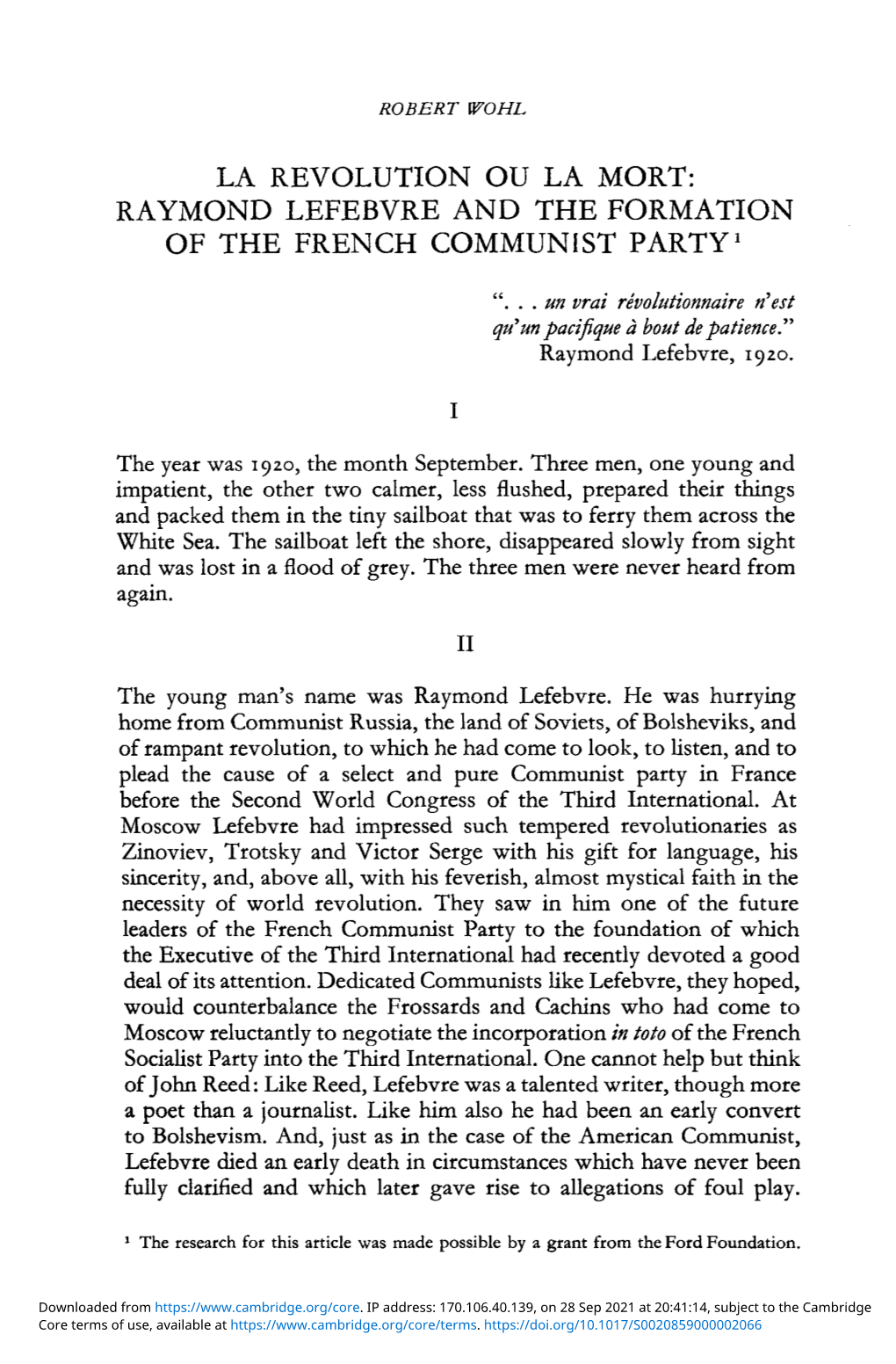 Raymond Lefebvre and the Formation of the French Communist Party1