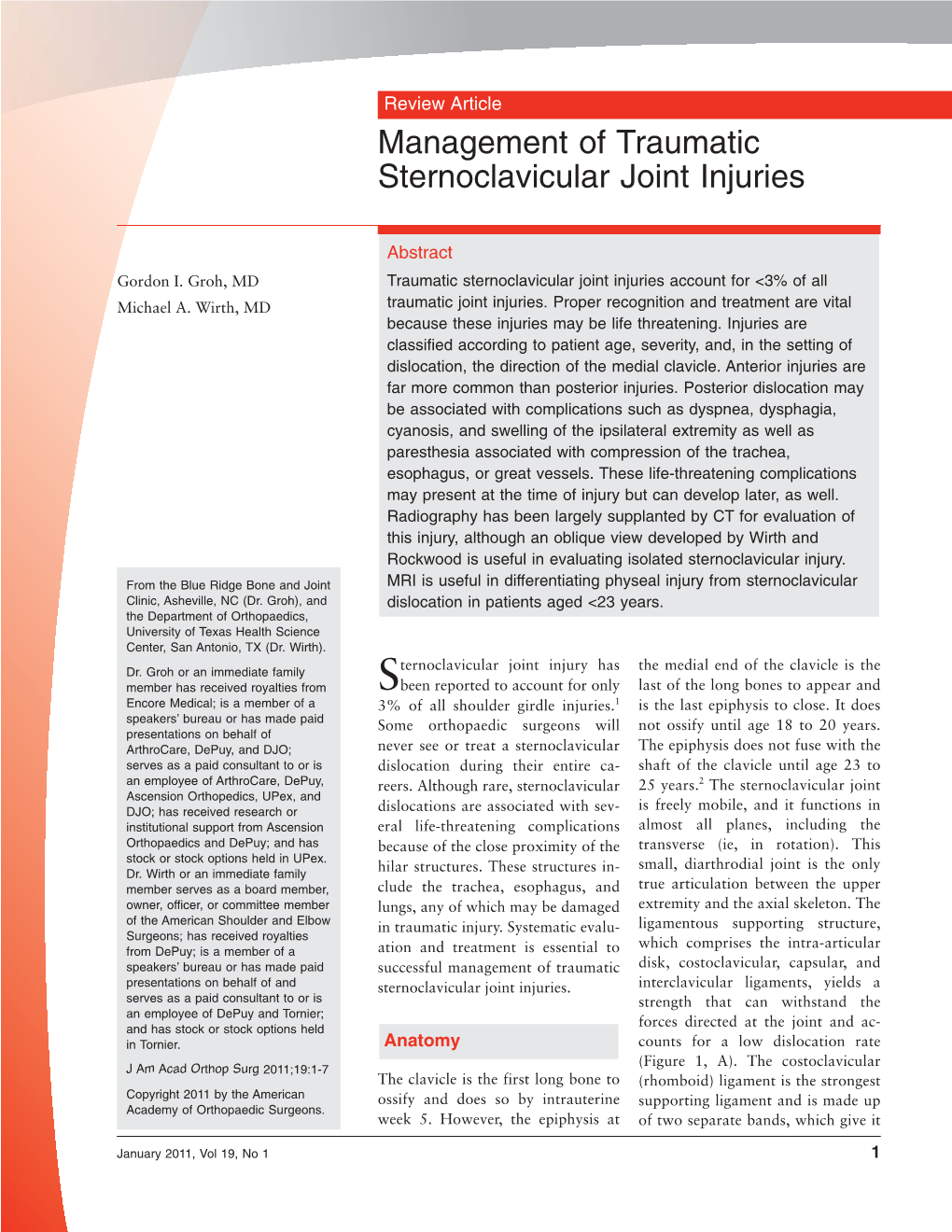 Management of Traumatic Sternoclavicular Joint Injuries