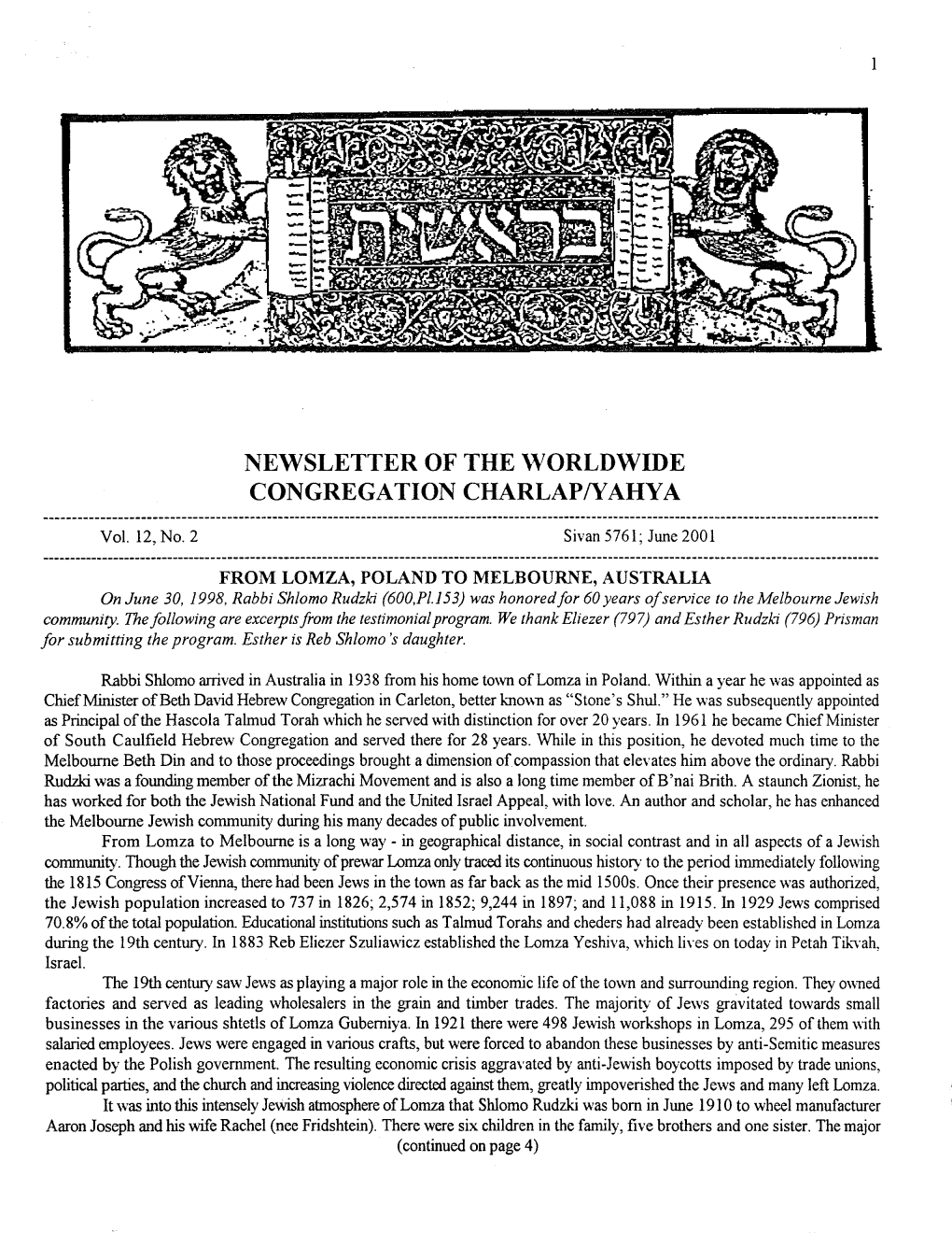 Newsletter of the \Vorldwide Congregation Charlap/Yahya