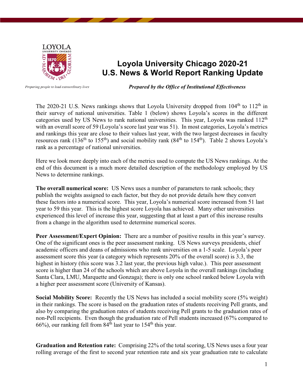 Loyola University Chicago 2020-21 U.S. News & World Report Ranking