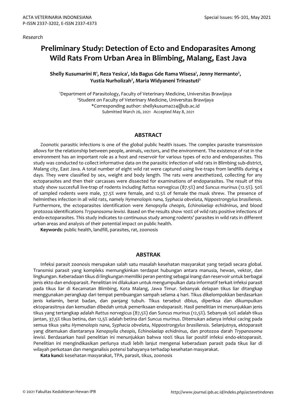 Detection of Ecto and Endoparasites Among Wild Rats from Urban Area in Blimbing, Malang, East Java