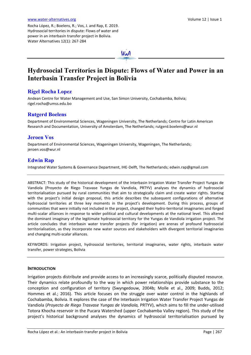 Hydrosocial Territories in Dispute: Flows of Water and Power in an Interbasin Transfer Project in Bolivia