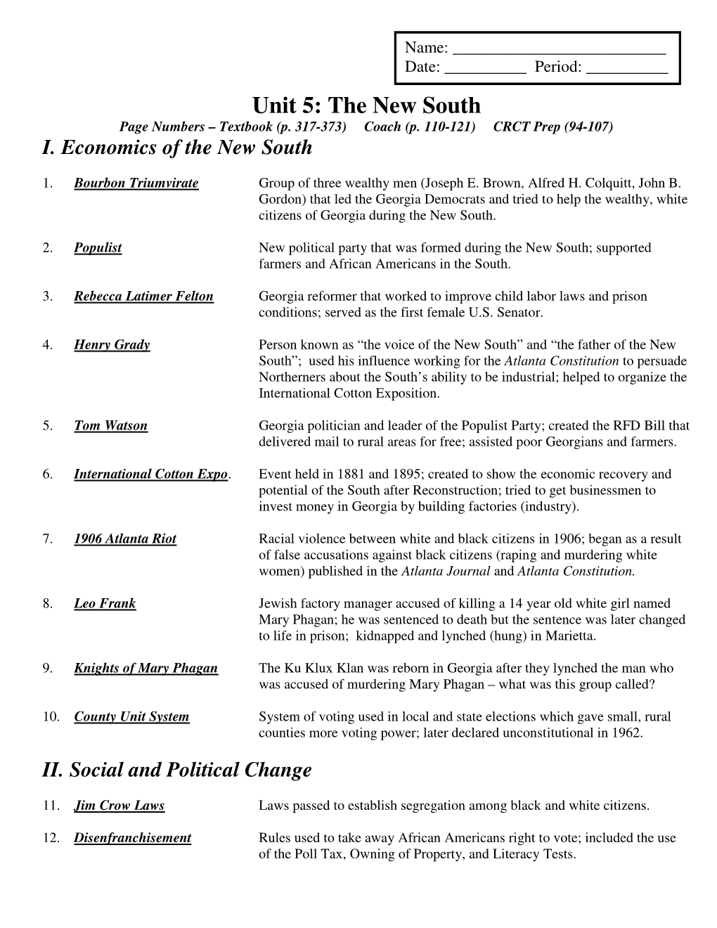 Unit 5: the New South Page Numbers – Textbook (P