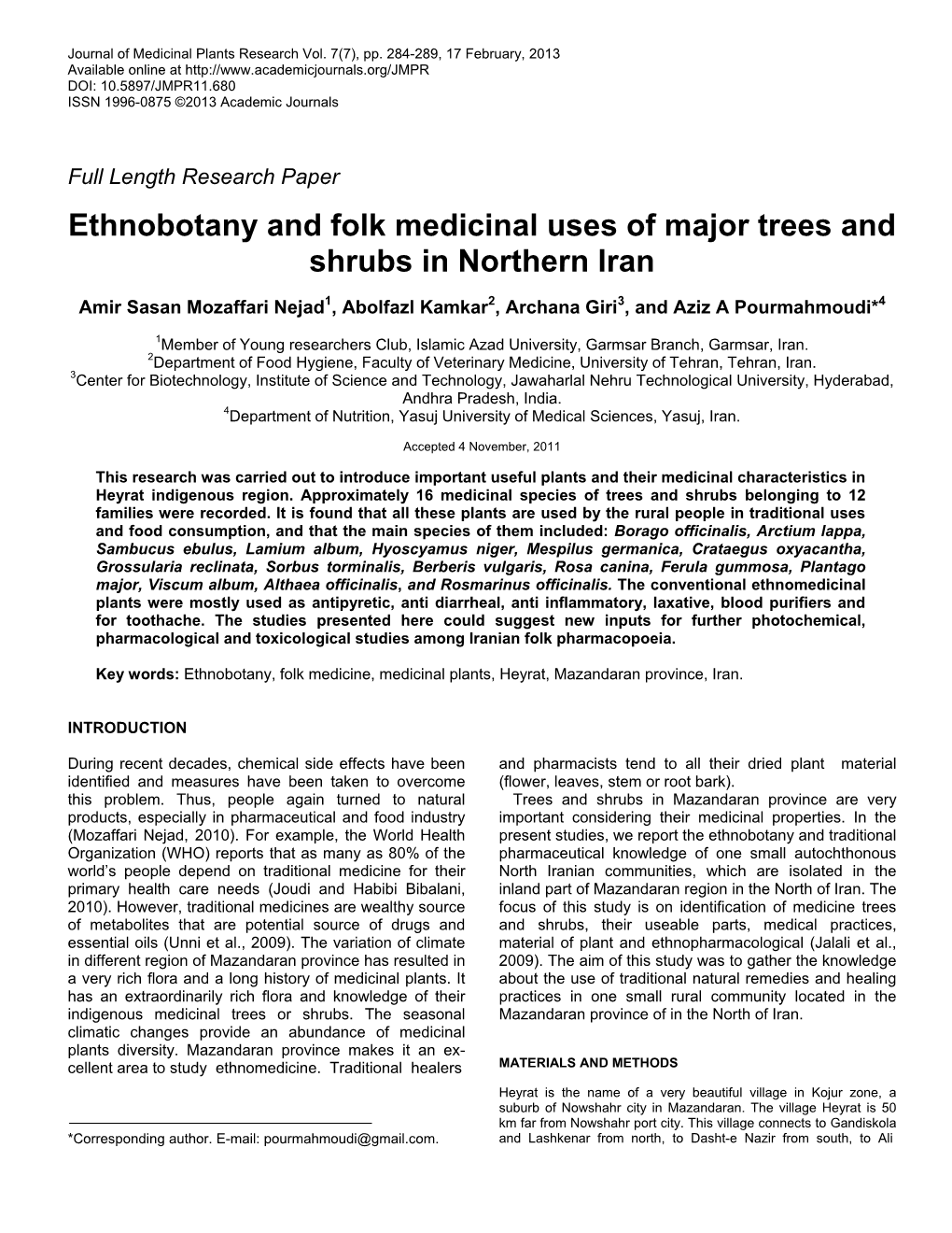 Ethnobotany and Folk Medicinal Uses of Major Trees and Shrubs in Northern Iran