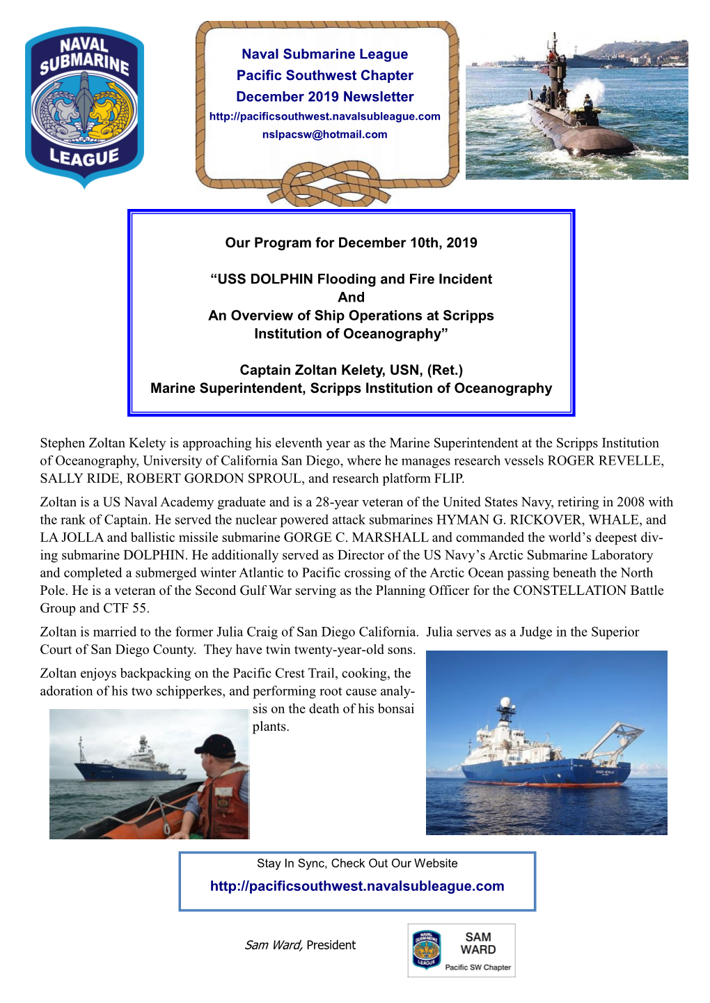 Our Program for December 10Th, 2019 “USS DOLPHIN Flooding and Fire