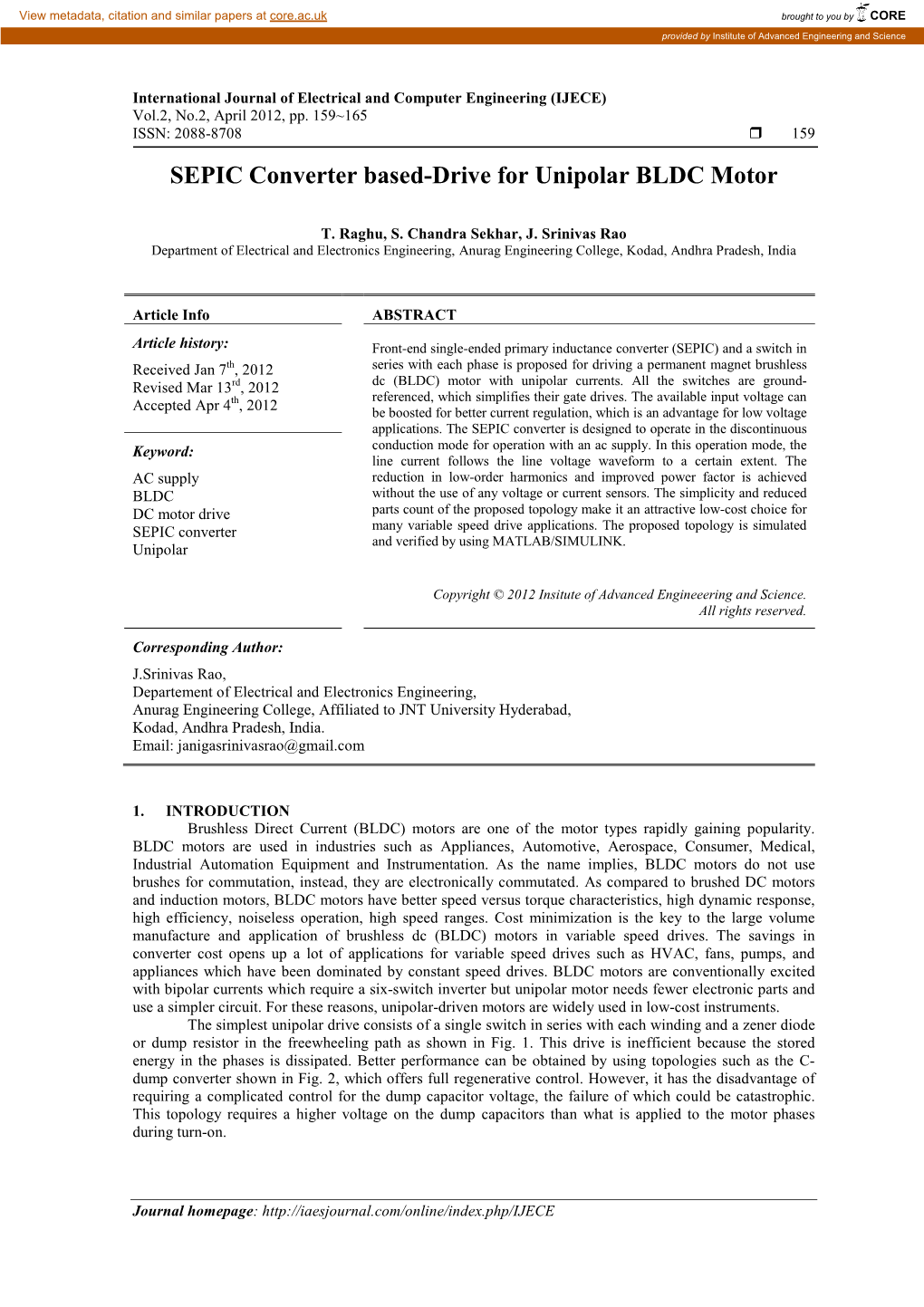 SEPIC Converter Based-Drive for Unipolar BLDC Motor