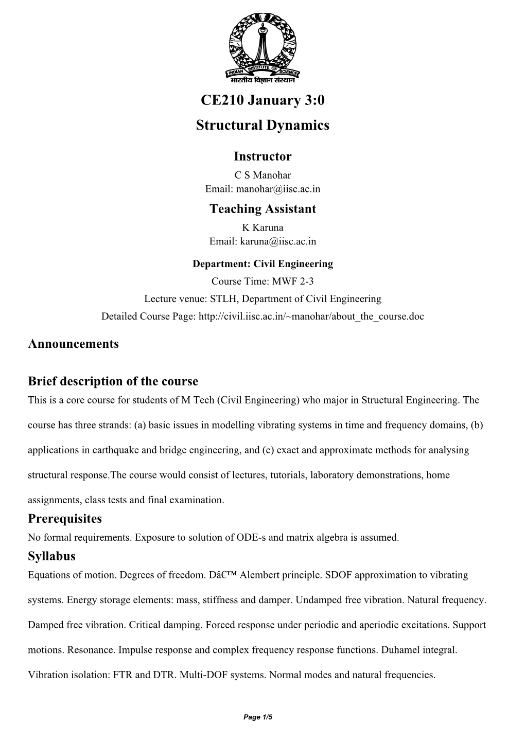 CE210 January 3:0 Structural Dynamics