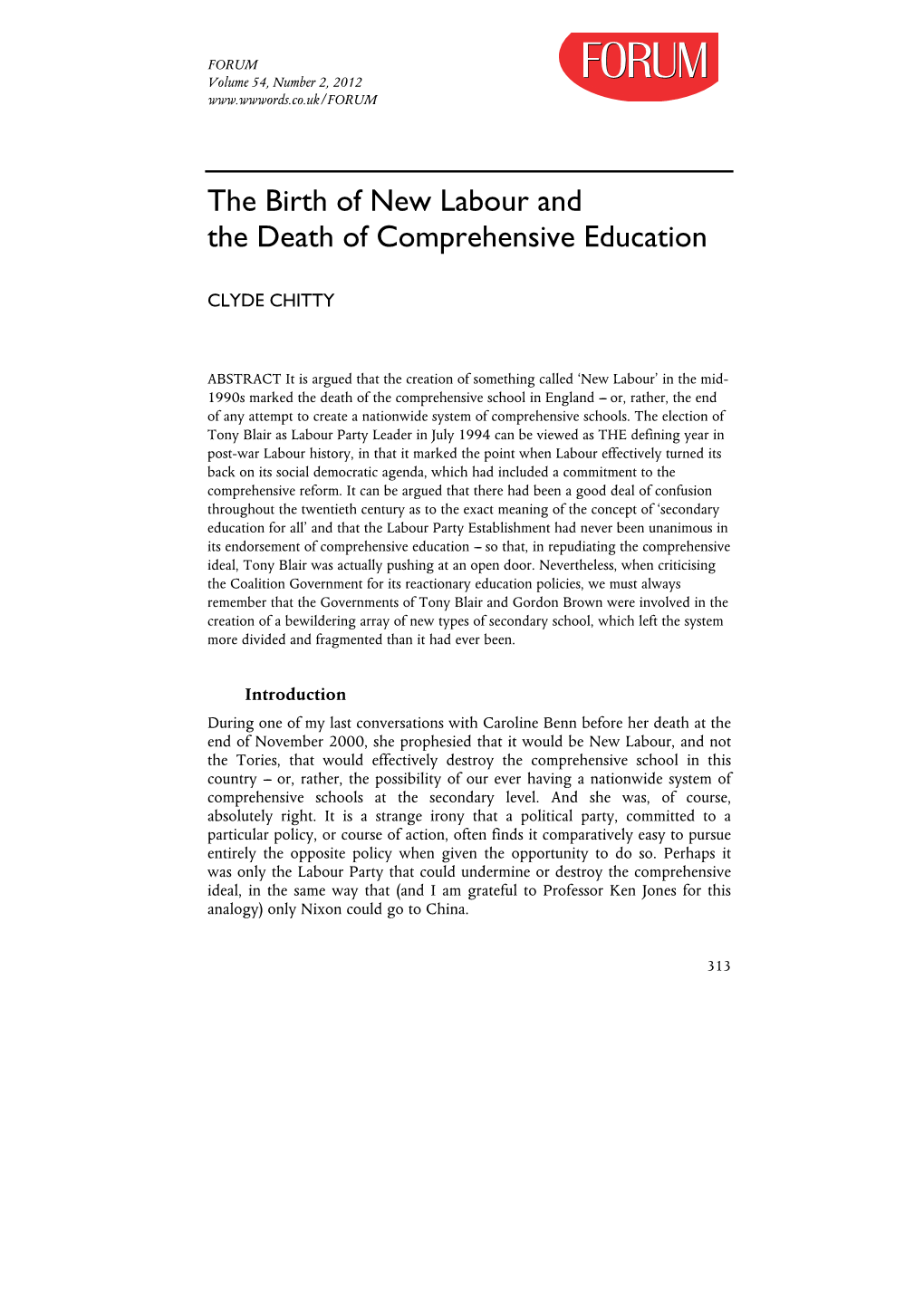 The Birth of New Labour and the Death of Comprehensive Education