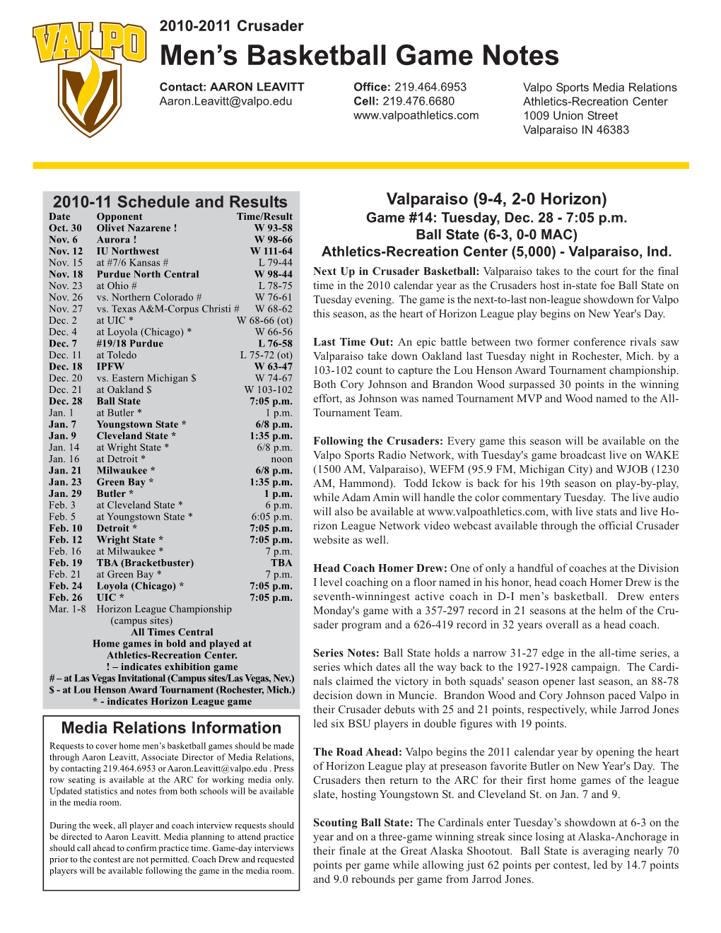 Men's Basketball Game Notes